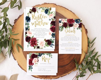 Professionally Designed & Printed Wedding Invitations, Fall Wedding Invitations, Autumn Wedding Invites, Navy, Blush and Burgundy, Kristen