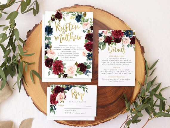 Navy, Burgundy & Blush Wedding Invitations, Fall Wedding Invitations, Autumn Wedding Invites, Navy, Blush and Burgundy Florals, Kristen Il_570xn