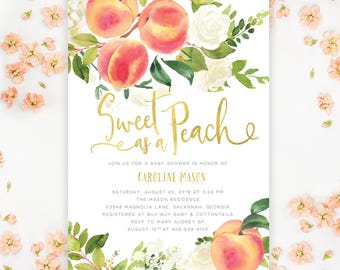 Sweet as a Peach Baby Shower Invitation, Peach Baby Shower Invite, Girl Baby Shower Invite, Boy Baby Shower Invite, Florals, Peaches, Gold
