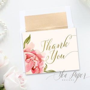 Altijd afdrukbare bedankkaarten, digitaal: blush roze perzik pioenroos bloemen faux goudfolie - bruids, baby, verjaardagskaart INSTANT DOWNLOAD