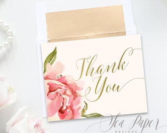 Everly Printable Thank You Cards, Digital: Blush Pink Peach Peony Flowers Faux Gold Foil - Bridal, Baby, Birthday Card INSTANT DOWNLOAD
