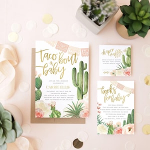 May include: A set of three printed cards for a baby shower featuring gold script text, watercolor cacti, and floral illustrations. The largest card reads Taco 'Bout a Baby, the square card says Diaper Raffle, and the smallest card says Books for Baby.