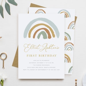 Boho Rainbow First Birthday Invitation Boy, Any Age, Muted Rainbow Boy 1st Birthday Invitation, Earthy Rainbow First Birthday Party Invite