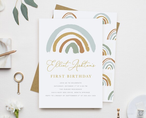 Boho Rainbow First Birthday Invitation Boy, Any Age, Muted Rainbow Boy 1st Birthday Invitation, Earthy Rainbow First Birthday Party Invite Il_570xn