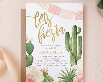 Printed Shower Invitations | Let's Fiesta Bridal Shower Invitation: Cactus Bridal Shower Invite with Envelopes - Carrie