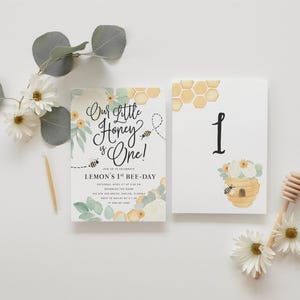 Little Honey 1st Birthday Invitations, Bee First Birthday Party Printed Invites & Envelopes - Honeybee | Invitation Printing or Digital image 2