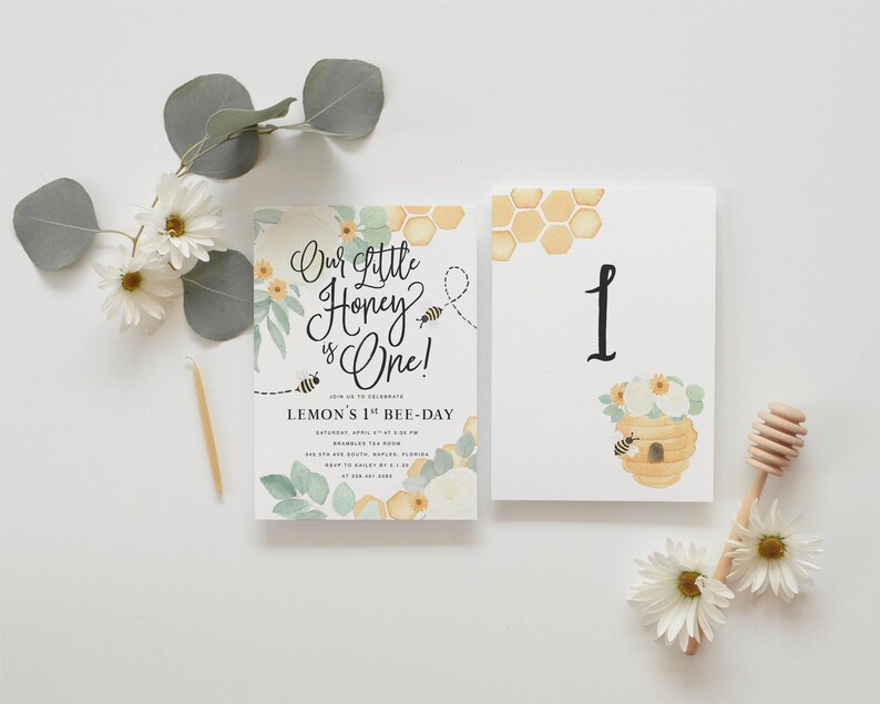 Little Honey 1st Birthday Invitations, Bee First Birthday Party Printed Invites & Envelopes - Honeybee | Invitation Printing or Digital image 2