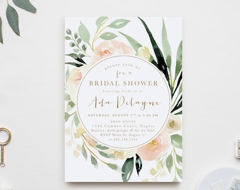 Blush Floral Bridal Shower Invitation:  Blush, Ivory florals and greenery bridal shower invitation - Printed Bridal Shower Invitations - Ada