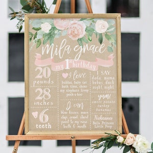 Girl Birthday Milestone Poster Board, Custom Printed or Printable, 1st Birthday Milestone Sign, Blush Pink Florals & Greenery, Kraft - Mila