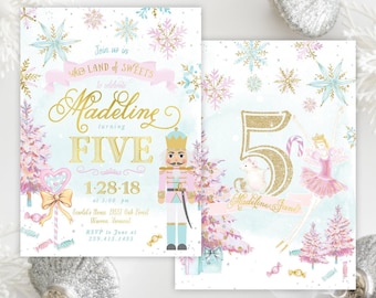May include: Two rectangular party invitations featuring a Land of Sweets theme with gold glitter text, pink Christmas trees, blue snowflakes, a nutcracker, a ballerina, and candy illustrations. The text includes Madeline turning five, 1-28-18.