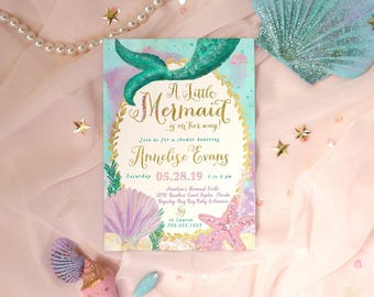 Inbjudningar till sjöjungfru-babyshower | Lilla sjöjungfrun-babyinbjudan med kuvert - Annelise | Tryck eller digital inbjudan