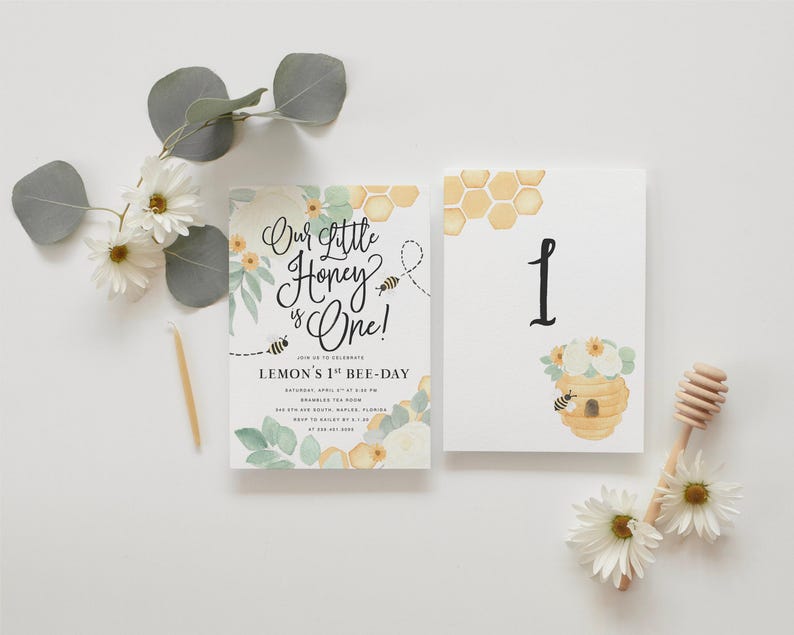 Bee 1st Birthday Invitation, First Bee-Day Bee Birthday Invitation, Honey Bee Birthday Invite, Bee Birthday Invitation, Neutral Bee Birthday imagen 2