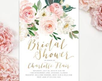 May include: A rectangular bridal shower invitation card featuring a watercolor floral arrangement of pink and white peonies with green leaves at the top. The text reads Bridal Shower in honor of Charlotte Flair, Saturday, July 22, 2018 at 3:00 PM, 1480 Birchwood Lane, Chicago, Illinois, Registry: Williams Sonoma, West Elm & Zola.com, RSVP Jane at 815.542.1345.