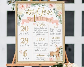 Deer Girl Birthday Milestone Poster, Custom Printed or Printable, 1st Birthday Milestone Board, Blush Pink Bunny First Birthday - Laurel
