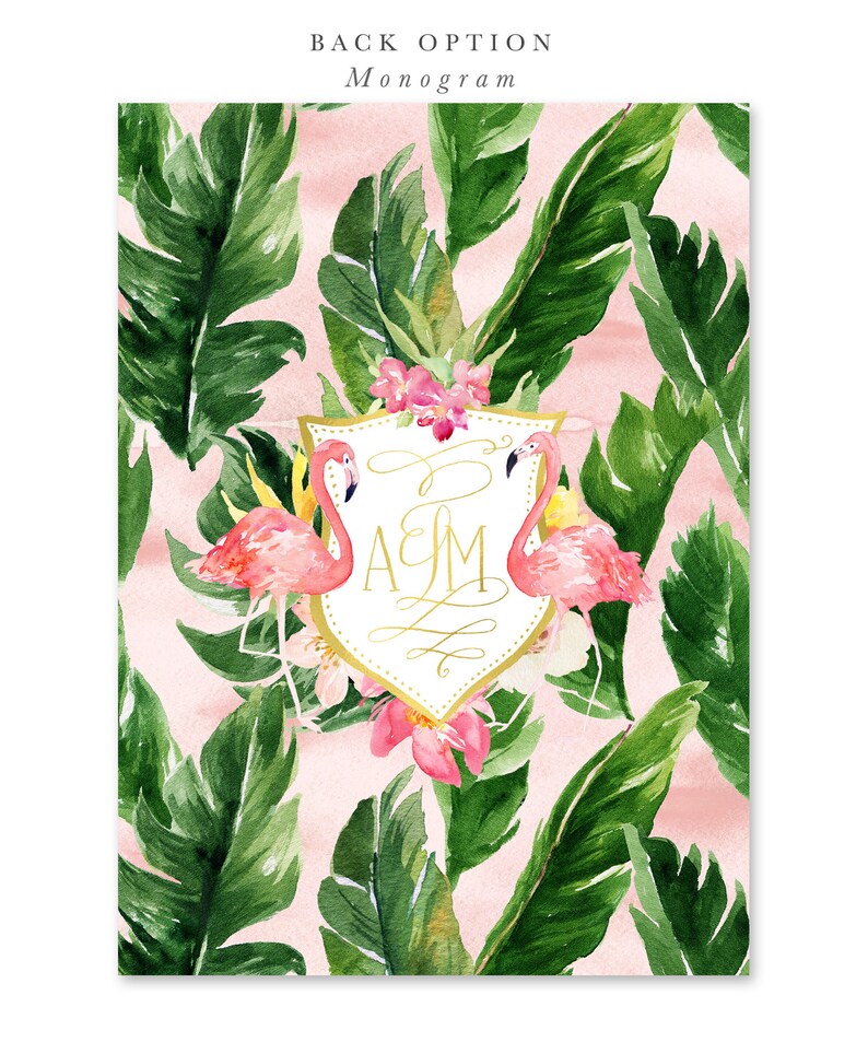 May include: A pink and green tropical wedding invitation with a gold monogram of the letters A & M inside a shield shape. Two pink flamingos flank the shield. The background is a pink watercolor wash with green tropical leaves.