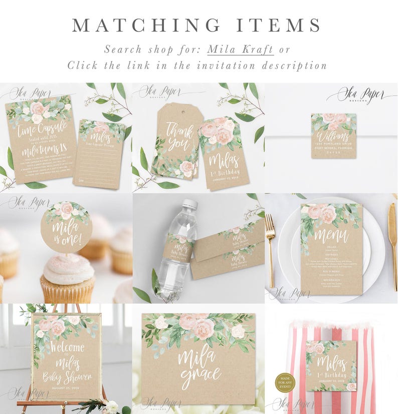 Girl First Birthday Invitation: Girl's Birthday Invite, Turning One, 1st Birthday, Floral, Blush Roses, Greenery, Kraft, Rustic, Boho - Mila Bild 8