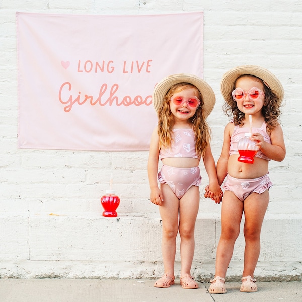 Long Live Girlhood Easy Hang Banner™ for Girls Rooms, Playrooms, Sister's Rooms & Nursery. Girl's Room Wall Decor - Petal Pink, Heart