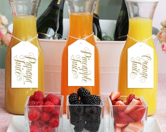 Ava Mimosa Bar Juice Drink Tags - Labels for Bubbly Champagne Bars at Bridal Shower, Wedding Party or Parties - White & Gold Glitter