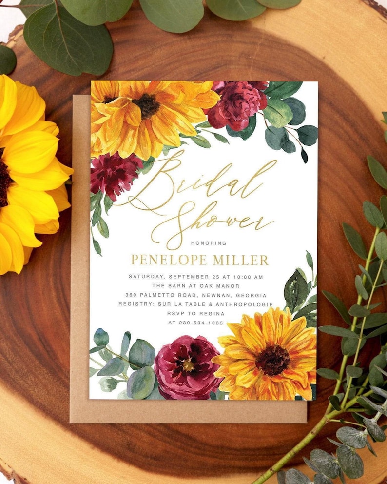 Printed Shower Invitations | Sunflower Bridal Shower Invitation, Fall Bridal Invite with Envelopes - Fall 14 | Invitation Printing image 1