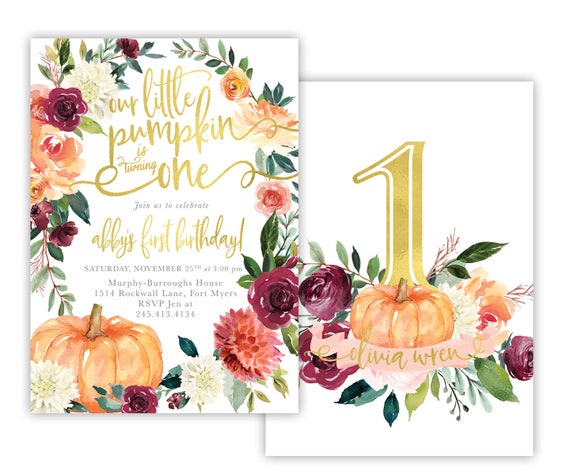 Our Little Pumpkin is Turning One Any Age Fall Autumn Pink Floral First 1st Girl Birthday Party Invite Invitation Digital or Printed Cards