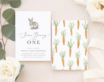 Some Bunny Is One Boy or Girl's First Birthday Invitation - Some Bunny 1st Birthday Invite - Neutral Bunny Birthday Invitation - Riley