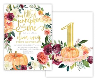 May include: A first birthday invitation and matching card set featuring watercolor floral arrangements in burgundy, orange, and white. The text reads: Our little pumpkin is turning one, join us to celebrate Olivia Wren's first birthday, Saturday, November 25th at 3:00 pm, Murphy-Burroughs House, 1514 Rockwall Lane, Fort Myers, RSVP Jen at 245.413.4134.
