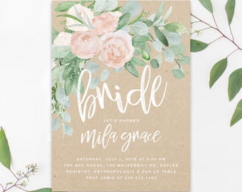 Floral Bridal Shower Invite: Bridal Shower Invitation, Kraft, Garden Flowers, Blush Pink Roses, Grey & Greenery - Printed or Digital - Mila