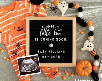 Halloween-Schwangerschaftsankündigung, digitale Schwangerschaftsankündigungsvorlage für soziale Medien, Little Boo kommt bald - echtes professionelles Foto