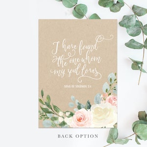 May include: A kraft paper card with a floral design and the text "I have found the one whom my soul loves" and "Song of Solomon 3:4".