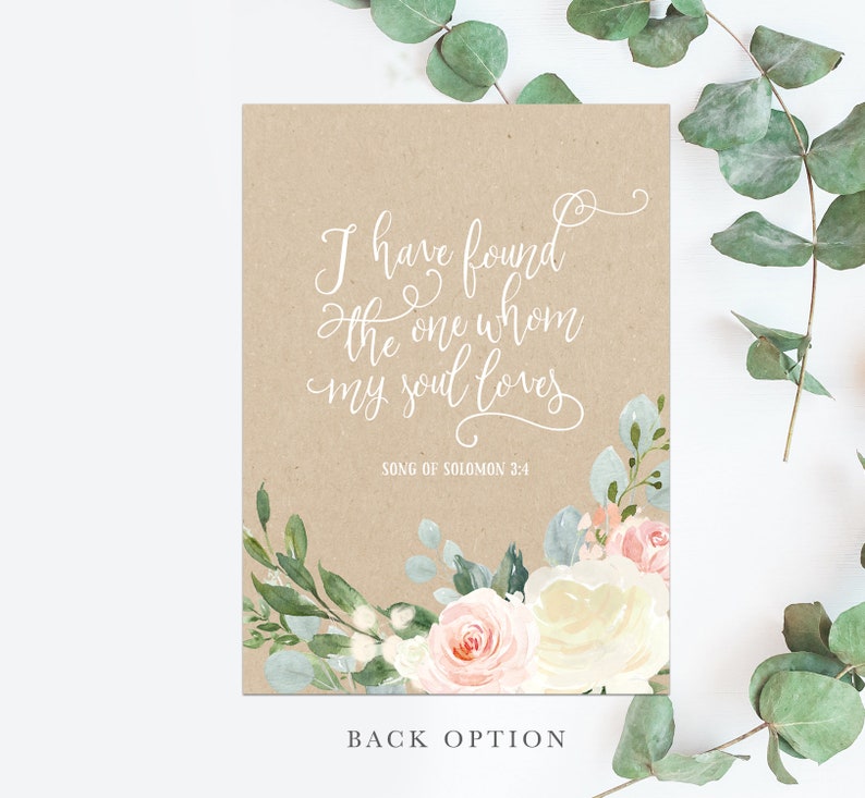 May include: A kraft paper card with a floral design and the text "I have found the one whom my soul loves" and "Song of Solomon 3:4".