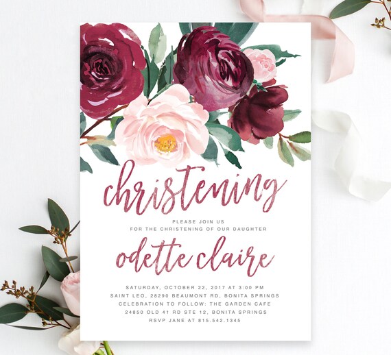 Christening Invitation Girl Girl Christening Invite Floral Christening Invitation Blush Pink Burgundy Flowers Greenery Br O Odette By Sea Paper Designs Catch My Party
