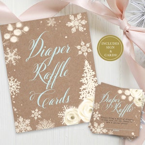 Tarjetas y letrero de rifa de pañales, juego de baby shower imprimible, tarjeta de rifa de pañales, azul, kraft, copos de nieve, DESCARGA INSTANTE - Vacaciones 41