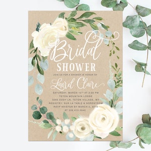 K&ouml;nnte beinhalten: Eine rustikale braune Einladung mit wei&szlig;en floralen Akzenten f&uuml;r eine Brautparty. Die Einladung lautet "Bridal Shower" und enth&auml;lt den Namen "Laurel Claire", das Datum "Samstag, 10. M&auml;rz um 15:00 Uhr", den Ort "Teton Mountain Lodge" und die Adresse "3385 Cody Ln, Teton Village, WY".