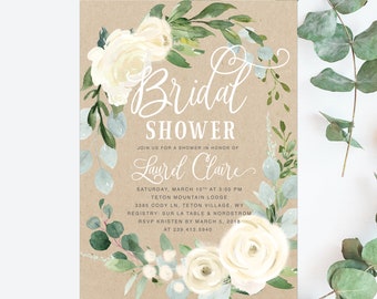 Floral Bridal Shower Invite: Bridal Shower Invitation, Kraft, Eucalyptus, White Rose Florals & Greenery - Printed or Digital - Laurel