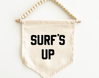 Surf's Up Canvas Hang Sign: Surf Decor for Kid's Rooms, Surf Nursery, Surf Playroom, Beach House Decor, Coastal Decor {Black}