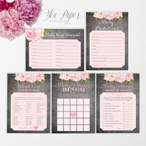 May include: A set of printable baby shower game cards with a pink floral design. The games include Baby Word Scramble, Baby Predictions, What's in Your Purse, Baby Shower Bingo, and Baby Shower Price is Right.