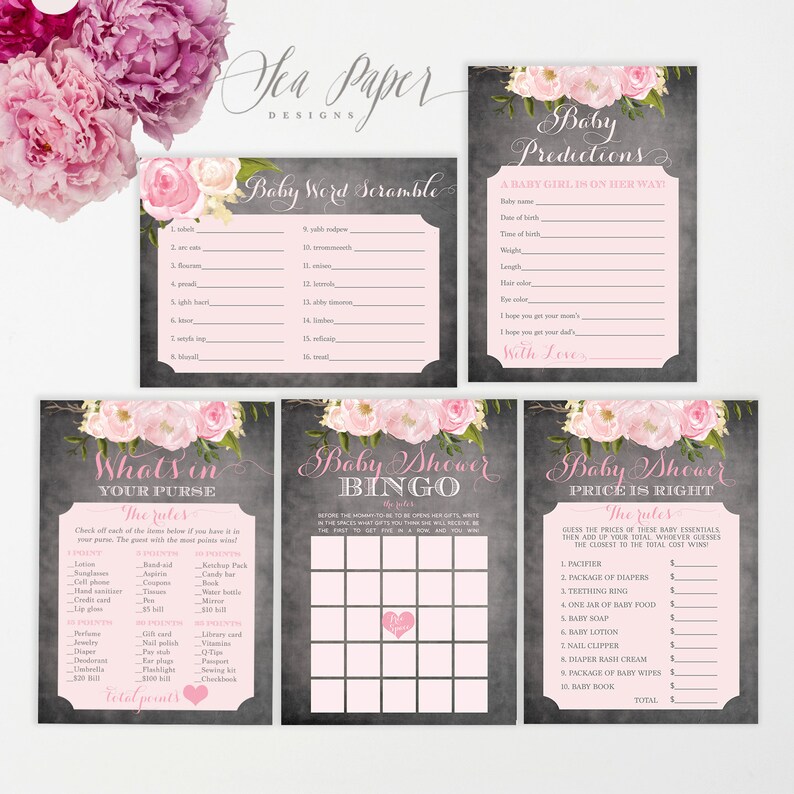 May include: A set of printable baby shower game cards with a pink floral design. The games include Baby Word Scramble, Baby Predictions, What's in Your Purse, Baby Shower Bingo, and Baby Shower Price is Right.