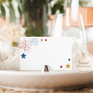 Download de cartões de lugar de 4 de julho, cartão de barraca de comida patriótica, cartão de buffet do Memorial Day - cartões planos e dobrados, download instantâneo editável - Glória