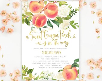 Sweet Georgia Peach Baby Shower Invitations: Peaches Invite - Gold | Invitation Printing or Digital