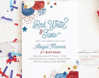 PRINTED Red, White & Two Invitations - Patriotic 2nd Birthday Party Invites with Envelopes - Glory