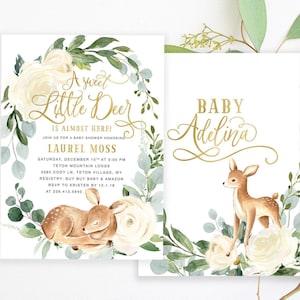 Inbjudningar till babyshower med hjortar, babyshowerinbjudan i skogsstil med grönska och blommor - lagerblad | Tryck eller digital inbjudan