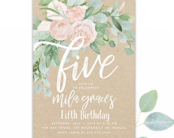 Girl Fifth Birthday Invitation: 5th Birthday Invitation Girl, Five Birthday Invitation Girl, Floral, Blush Pink, Kraft, Rustic, Boho - Mila