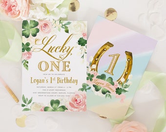 Lucky ONE, Girl 1st Birthday Invitation, St. Patty's Day Girl First Birthday Invite, St. Patrick's Day Birthday, Shamrocks & Rainbow - Kelly