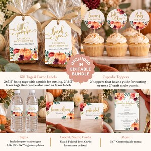 May include: A collection of printable baby shower party supplies featuring a pumpkin and floral theme. Includes gift tags, cupcake toppers, water bottle labels, food tent cards, and a menu, all decorated with gold text and autumn-colored flowers.