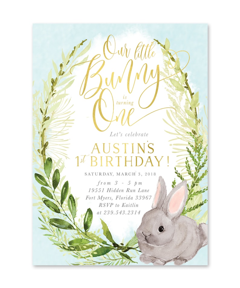 Our Little Bunny Invite Blue Fiona Boy Birthday Little Bunny Is Turning One Boy First Birthday Invitation Bunny 1st Birthday Invite
