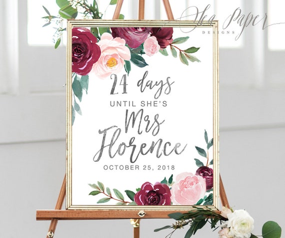 Days Until She's a Mrs. - Blush Pink & Burgundy - Bridal Wedding Shower Party Sign - Printed, Digital - 8x10", 11x14, 16x20 - Black Odette Il_570xn