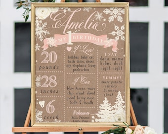 Winter Birthday Milestone Poster, Custom Printed / Printable, Snowflake 1st Birthday Milestone Sign, Girl Birthday Milestone - Holiday 41
