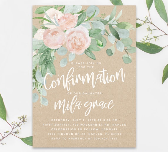 Confirmation Invitation Girl, Confirmation Invite, Floral Confirmation Invitation, Blush Pink Roses, Florals and Rustic Greenery, Kraft Mila Il_570xn