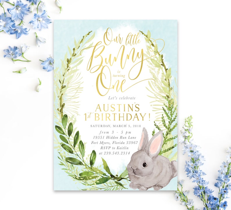 Our Little Bunny Invite Blue Fiona Boy Birthday Little Bunny Is Turning One Boy First Birthday Invitation Bunny 1st Birthday Invite