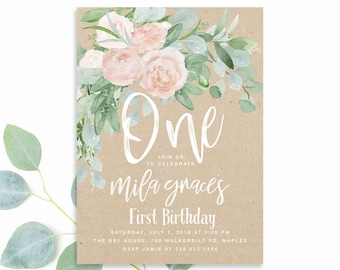 First Birthday Invitation Girl: Girl First Birthday Invite, Girl's 1st Birthday Invite, Girl Boho Birthday Invitation, 1st Birthday - Mila